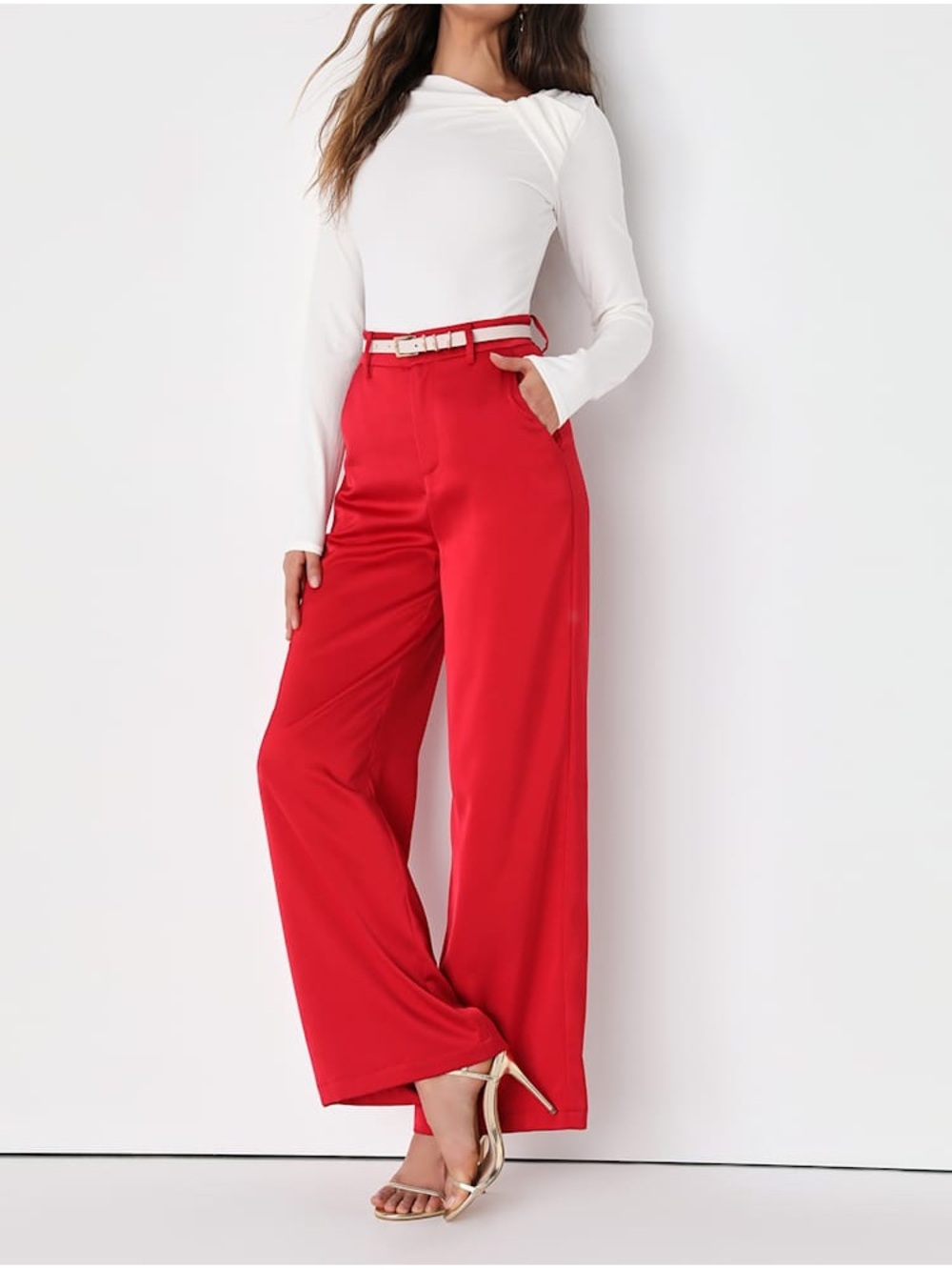 NWT Lulus Modern Approach Red Satin Wide-Leg Pants
